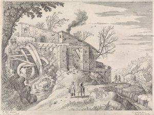 Landskab med en vandmølle og den barmhjertige samaritaner Italienske landskaber (serietitel) af Willem van Nieulandt (II)
