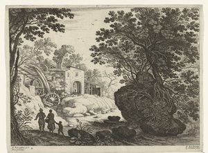 Par og barn ved vandmølle Italienske landskaber (serietitel) af Willem van Nieulandt (II)