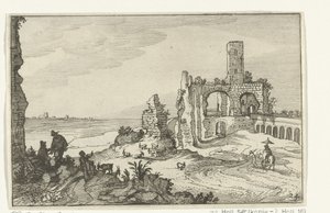 Ruin med buer og et tårn på vandet Romerske ruiner og kystlandskaber (serie 1) (serietitel) af Willem van Nieulandt (II)