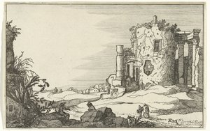 Ruiner af et tempel omgivet af søjler Romerske ruiner og kystlandskaber (serie 1) (serietitel) af Willem van Nieulandt (II)