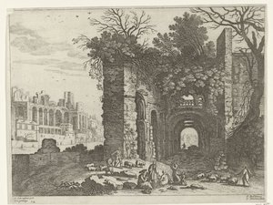 Hvilende familie foran en ruin Italienske landskaber (serietitel) af Willem van Nieulandt (II)
