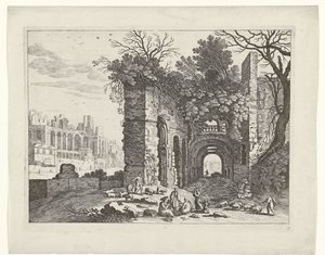 Hvilende familie foran en ruin Italienske landskaber (serietitel) af Willem van Nieulandt (II)