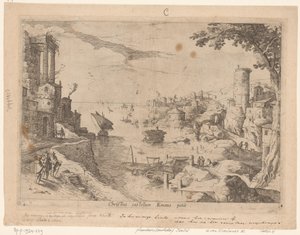 Landskab med Emmaus-rejsende Christ castellum Emaus petit (titel på objekt) Italienske landskaber med bibelske scener (serietitel) af Willem van Nieulandt