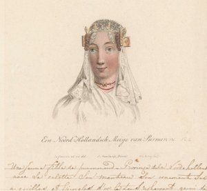 Hovedbeklædning af en pige fra Purmerend, 1816 En nordhollandsk pige fra Purmerend / Une Jeune fille de purmerend - Province dela Nord-Hollande avec sa calotte son manteau son ornament ses aiguilles et epingles d