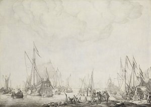 De kongelige og statslige yachts, muligvis Charles II af Englands ankomst til Moerdijk, 1660 af Willem van de Velde (I)