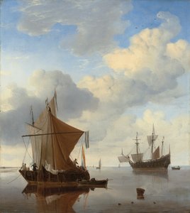 En ro - en smalschip og en kaag for anker med en engelsk man-o"-krig hinsides