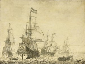 Havlandskab med hollandske krigsmænd, herunder Drenthe og prins Frederick-Henry, ca. 1670 (maleri på panel) af Willem van de Velde