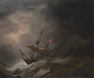 En middelhavsbrigantine, der driver ind på en klippekyst i stormvejr, ca. 1700 (olie på lærred)