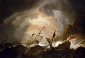 To britiske skibe forliser i stormen nær en klippekyst. Olie på lærred, omkring 1700, af Willem van de Velde (1633-1707).