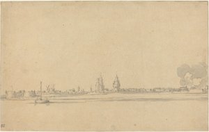 Udsigt over en hollandsk by (Delft?) af Willem van de Velde the Younger