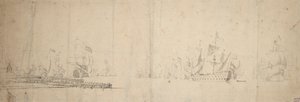 En hollandsk flåde på vej ud fra en mole, ca. 1665 (grafit, gråvask) af Willem van de the Elder Velde
