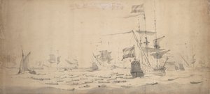 En hollandsk flåde, der ligger i en brise: et krigsråd, ca. 1665 (grafit, gråvask) af Willem van de the Elder Velde