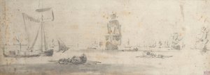En galliot i let luft og flere pramme, ca. 1681 (grafit, grå vask) af Willem van de the Elder Velde