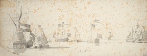 En statslig yacht og hollandske skibe for anker, ca. 1664 (grafit, gråvask)