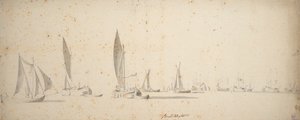En trækbåd, wijdschips og waterschips i en let brise, ca. 1664 (grafit, gråvask) af Willem van de the Elder Velde