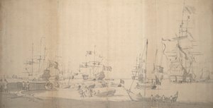 En weyschuit trækkes i land i en overfyldt havn, ca. 1672 (grafit) af Willem van de the Elder Velde