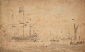 Et engelsk flagskib for anker, muligvis i juni 1673, ca. 1673 (gråvask) af Willem van de the Elder Velde