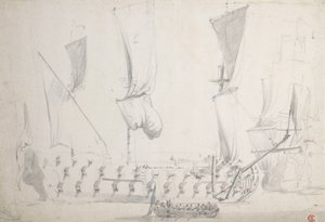 En engelsk fjerdeklasse i let luft, ca. 1681 (grafit, gråvask) af Willem van de the Elder Velde