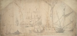 En engelsk yacht for anker med indrullede sejl af Willem van de the Elder Velde