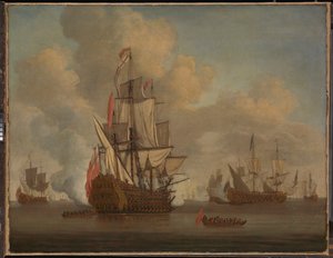 Calm: en engelsk todækker med løse sejl, der affyrer en salut af Willem van de the Elder Velde