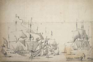 Hollandske krigsskibe, der tørrer sejl, ca. 1658 (grafit, grå vask) af Willem van de the Elder Velde