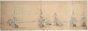 Hollandske skibe for anker ud for en lav kyst, ca. 1658 (grafit, gråvask) af Willem van de the Elder Velde