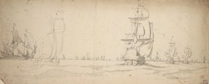 Hollandske skibe løber ned mod hovedflåden, maj 1672, ca. 1672 (grafit, grå lav) af Willem van de the Elder Velde