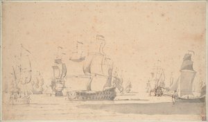 Engelske skibe, en ketch og en galliot i en let brise, juni 1673, ca. 1673 (blyant, lavering, pen, brunt blæk) af Willem van de the Elder Velde