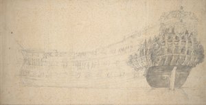 Portræt af en fransk todækker. Bygget i Holland 1666-67, ca. 1667 (grafit) af Willem van de the Elder Velde