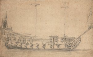 Portræt af en engelsk fjerdeklassesmand, ca. 42 kanoner, ca. 1675 (blyant, lakering) af Willem van de the Elder Velde