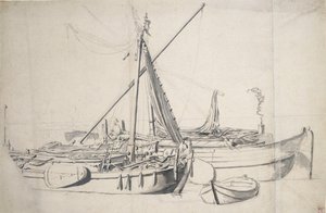 Studie af en damlooper og en smalschip, der ligger ved siden af hinanden, ca. 1665 (grafit, grå vask) af Willem van de the Elder Velde