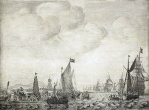 Handelsskibe til Orienten og deres eskorte forlader Vlie (eller Vliestroom), søvejen mellem øerne Vlieland og Treschelling (Holland), 9. juni 1645 af Willem van de the Elder Velde