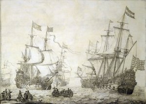 To handelsskibe fra det hollandske ostindiske kompagni forlader kysten i rolig vind. Grisaille på træ af Willem van de the Elder Velde