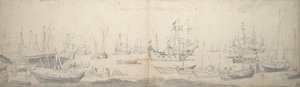 Weyschuits, en kaag og hollandsk krigsskib i Texel af Willem van de the Elder Velde