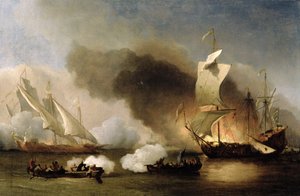 En aktion ud for Barbarys kyst med kabysser og engelske skibe, ca. 1695 (olie på lærred)