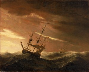 Et engelsk skib, der ligger i stormvejr, slutningen af det 17. århundrede (olie på lærred)