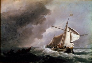 Hollandsk skib, der sænker sejl og venter på en redningsbåd Maleri af Willem Van de Velde den unge (1633-1707) 1660 Søn. 23,2x33,2 cm London, Nationalgalleriet
