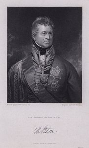 Sir Thomas Picton, walisisk general fra Napoleonskrigene dræbt i slaget ved Waterloo (gravering) af William (after) Beechey
