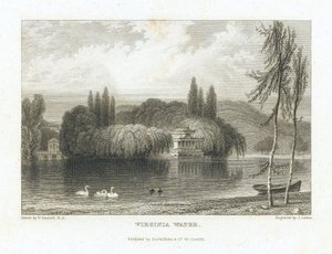 Virginia Water, Lake Surrey (England), nær Windsor, udsigt til den kinesiske pavillon omgivet af træer på en ø i midten af søen. Gravering af J. Lewis efter William Daniell (1769-1837).