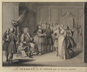 En kvinde, der sværger et barn til en gravborger (gravering) af William (after) Hogarth