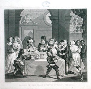 Sancho ved festen udsultet af hans læge, graveret af Thomas Cook (1744-1818) (gravering) af William (after) Hogarth