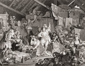 Spadserspillere øver i en lade, indgraveret af G Presbury, fra The Works of Hogarth udgivet London 1833 (s/h gravering)