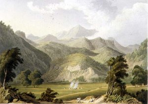 Approach to the Bore Ghaut, fra et maleri af oberstløjtnant Johnson, indgraveret af T. Fielding og farvelagt af J.B. Hogarth (litho) af William (after) Westall