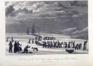 Besætningen på H.M.S. Hecla og Griper skærer ind i vinterhavnen, 26. september 1819, illustration fra 