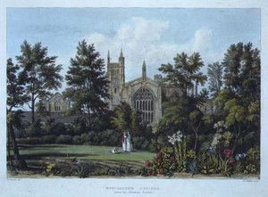 Winchester College set fra forstanderens have, fra "History of Winchester College", del af "History of the Colleges", graveret af Joseph Constantine Stadler (fl.1780-1812) udgivet af R. Ackermann. af William (after) Westall