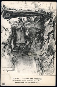 Første Verdenskrig - Krig 14-18 (1914-1918) - Første Verdenskrig (WWI eller 1. Verdenskrig): Frankrig, patriotisk kort, der viser en tegning af en soldat i en skyttegrav, der ser på frontlinjen, med titlen: 