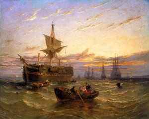 Britisk ostindisk handelsskib på Themsen (England). Olie på lærred af William Adolphus Knell (1802-1875).