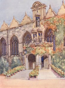 Indgang til Oriel College Hall med statuer af Jomfruen og barnet, Edward II, den nominelle grundlægger af college, og Charles I, i hvis regeringstid hallen blev bygget (farvelitografi).