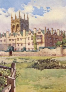 Merton College, hvor dronning Henrietta Maria var indlogeret under borgerkrigen, viser en bastion af den gamle bymur (farvelitografi)