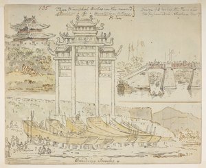 135 Junks bygges nær en triumfbue. »Disse triumfbuer er belønningen for fortjeneste eller fortjenstfulde handlinger. Bro med 3 buer. Molerne er for pyramideformede. Suchew [Soochow]. 7. nov.’, fra et album med 372 tegninger af landskaber, kystlinjer, co af William Alexander